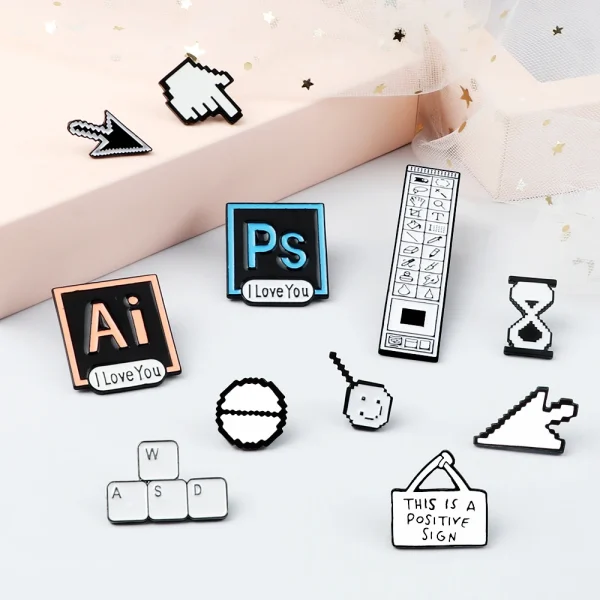 Classical Pixel Cursors Brooch Photoshop Toolbar Pins AI Quotes Enamel Hourglass Computer Window Icon Mouse Pointer Arrow Badges