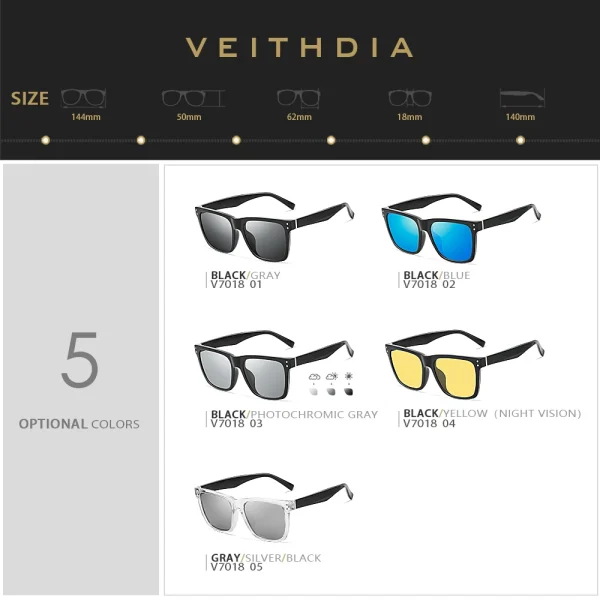 VEITHDIA Sunglasses Unisex Retro TR90 Square Photochromic Mirror Polarized UV400 Vintage Eyewear Sun Glasses For Men/Women 7018
