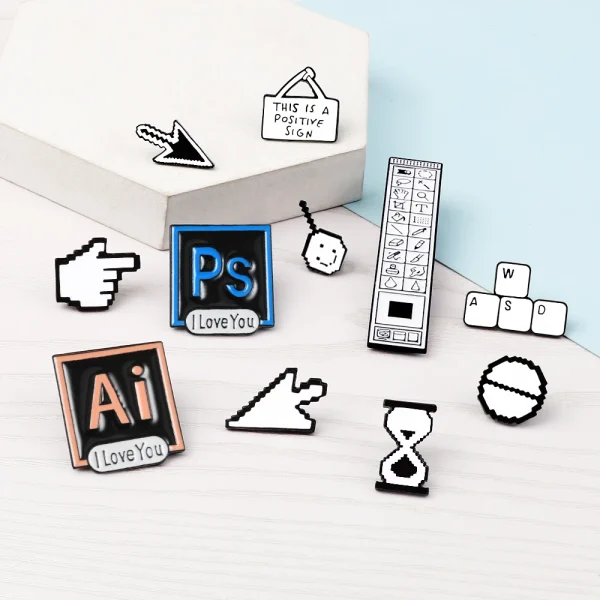Classical Pixel Cursors Brooch Photoshop Toolbar Pins AI Quotes Enamel Hourglass Computer Window Icon Mouse Pointer Arrow Badges