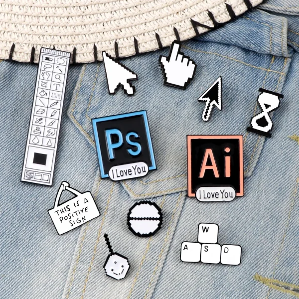 Classical Pixel Cursors Brooch Photoshop Toolbar Pins AI Quotes Enamel Hourglass Computer Window Icon Mouse Pointer Arrow Badges