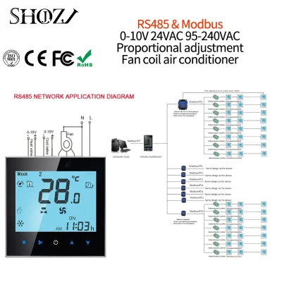 RS485& Modbus RTU 0-10V 24V 95-240V Remotely Controls Home Temperature Control Thermostat Switch for Fan Coil Heat Cool