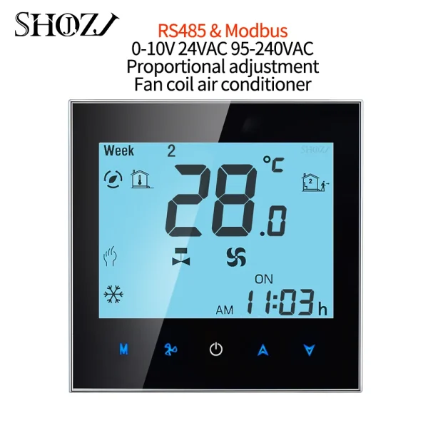 RS485& Modbus RTU 0-10V 24V 95-240V Remotely Controls Home Temperature Control Thermostat Switch for Fan Coil Heat Cool