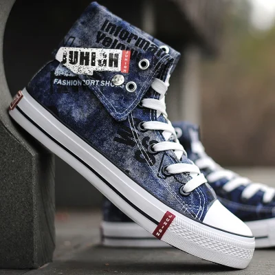 Men’s Casual Shoes Blue Vulcanized Canvas Shoes for Men High Top Sports Shoes Breathable New Men Denim Shoes Zapatillas Hombre