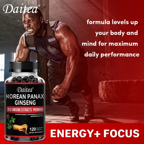 Daitea Organic Korean Red Ginseng Supplement - Energy, Muscle Mass, Endurance 30/60/120 Vegetarian Capsules