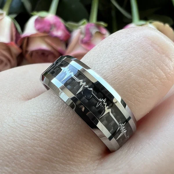 Fashion 8mm Black Carbon Fiber Heart Inlay Tungsten Carbide Engagement Rings Wedding Bands Domed Polished Shiny Comfort Fit