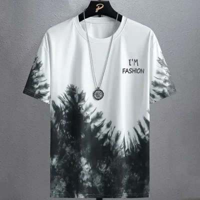 Fashionable Trendy Men’s T-Shirt Letter Gradient Printed T-Shirts Casual Loose Short Sleeved Tees Oversized Men’s Clothing Tops