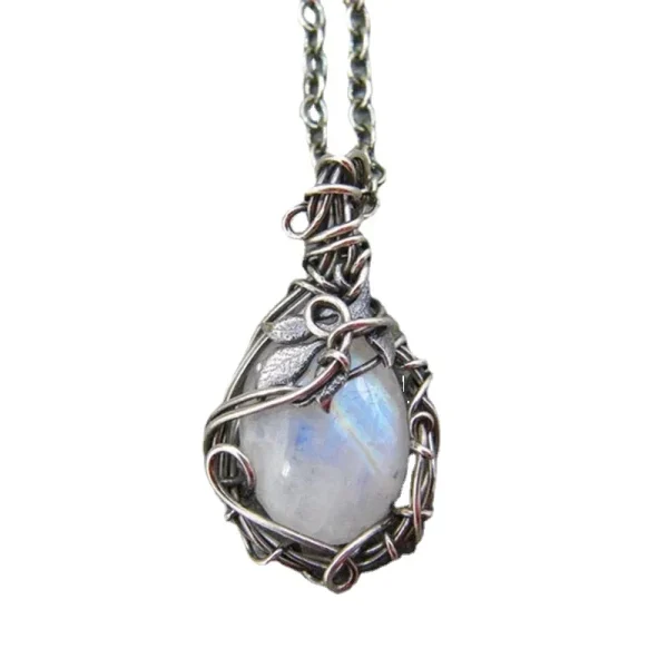 Moonstone Pendant Necklace Crystal Gems Alloy Rattan Vintage Noble Women Necklaces for Lady Girls Waterdrop Stone Necklace Gift