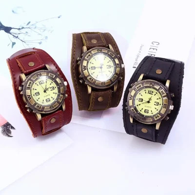 Vintage Faux Leather Quartz Wristwatch Punk Round Dial Wrist Watch Bracelet For Men Leather Wide Band Business Watch Wristwatch