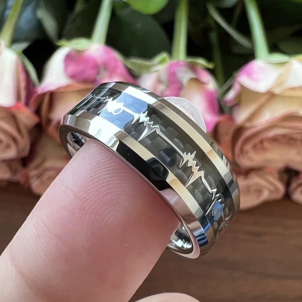 Fashion 8mm Black Carbon Fiber Heart Inlay Tungsten Carbide Engagement Rings Wedding Bands Domed Polished Shiny Comfort Fit