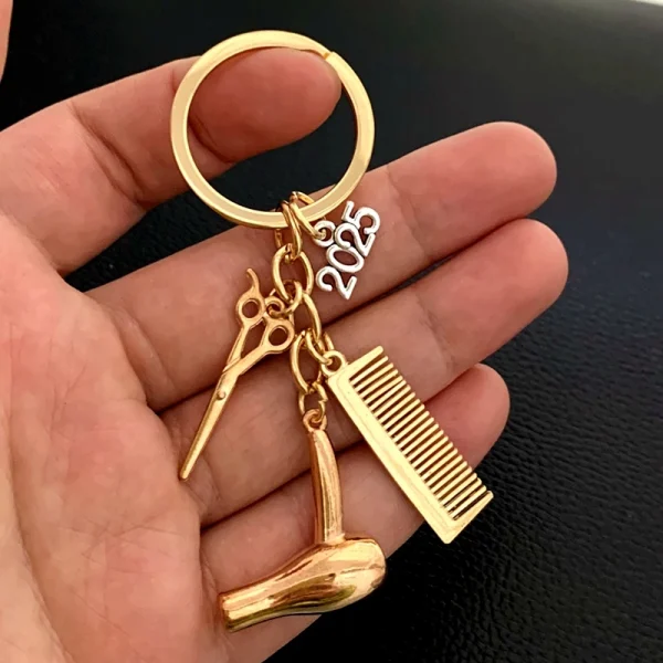 2025 golden Hair stylist essential hair dryer scissors comb Decorative Keychains Hairdressers Gift Key Rings Hair Dryer Keyring