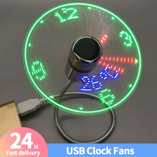 Metal Mini Fan DC 5V Mini Cooling Flashing Fan USB Powered Flexible Gooseneck LED Clock Real Time Display for Laptop PC Notebook