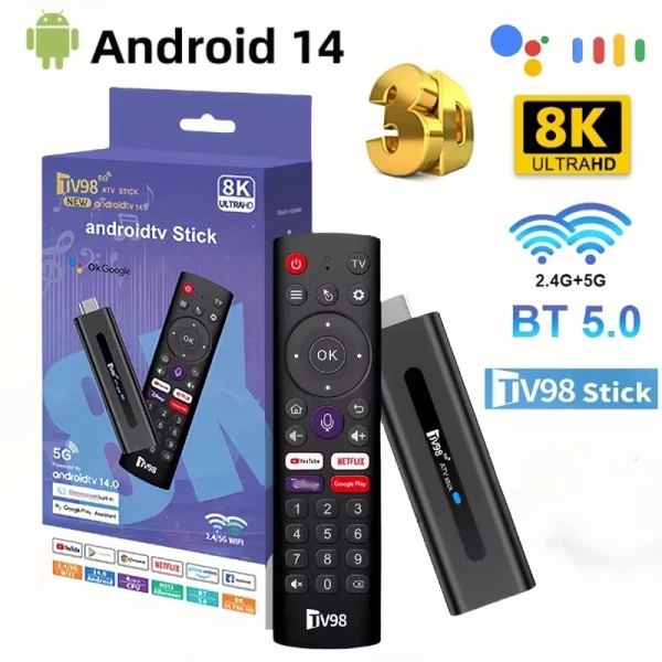 TV98 ATV Mini TV Stick Android 14 TV Stick HDR Set Top Box 8K Video WiFi 2.4/5G Streaming Smart TV Box for Network Media Player