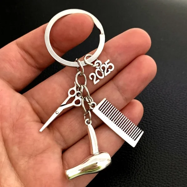 2025 golden Hair stylist essential hair dryer scissors comb Decorative Keychains Hairdressers Gift Key Rings Hair Dryer Keyring