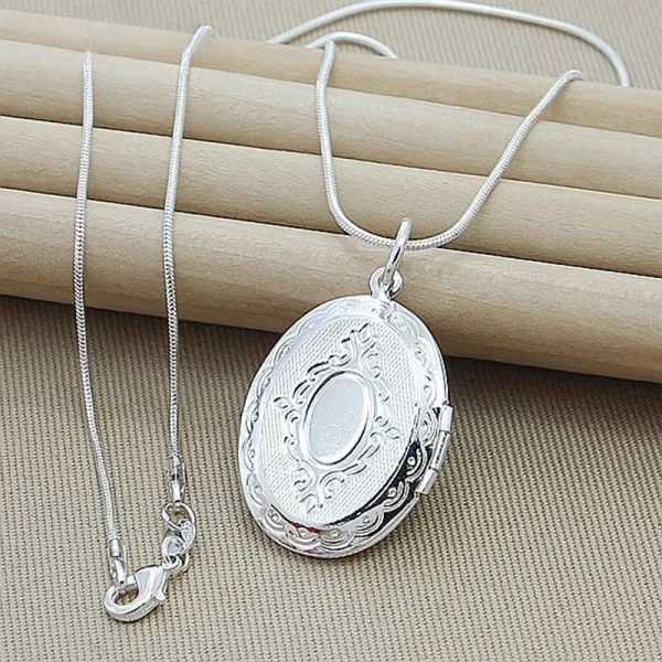Silver Chain Necklace 925 Silver jewelry Round Photo Locket Pendant Necklace Charms Necklaces Snake Chain N313
