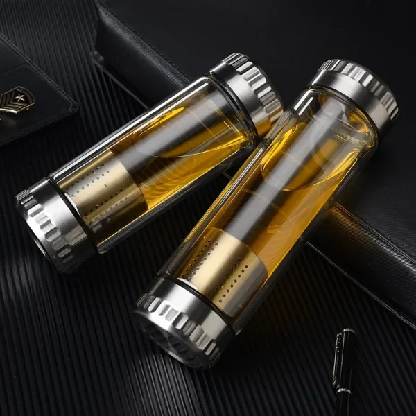 300/400/600ML Glass Water Bottle Stainless Steel Tea Infuser Filter Double Wall Lid Thick Bottom Drinking Office Home Cup Gift