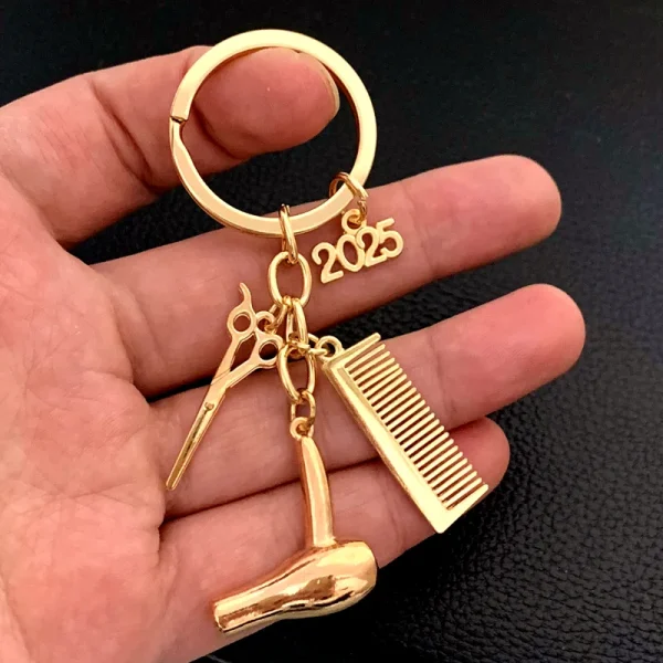 2025 golden Hair stylist essential hair dryer scissors comb Decorative Keychains Hairdressers Gift Key Rings Hair Dryer Keyring