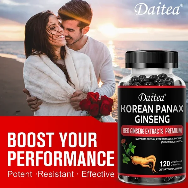 Daitea Organic Korean Red Ginseng Supplement - Energy, Muscle Mass, Endurance 30/60/120 Vegetarian Capsules