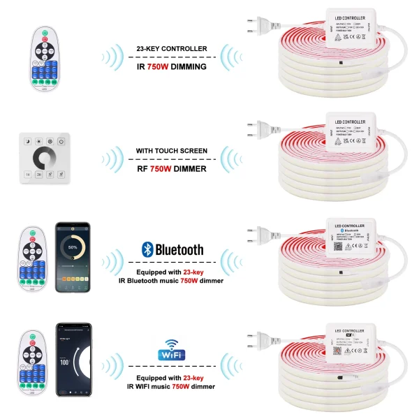 COB LED Strip 220V High Brightness Adhesive LED Lighting Strip Wifi Bluetooth Wall Touch Remote Control Waterproof Flexible Tape
