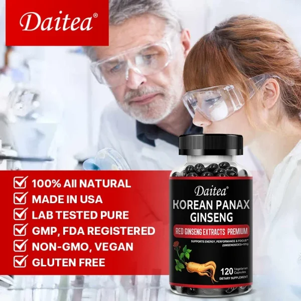 Daitea Organic Korean Red Ginseng Supplement - Energy, Muscle Mass, Endurance 30/60/120 Vegetarian Capsules