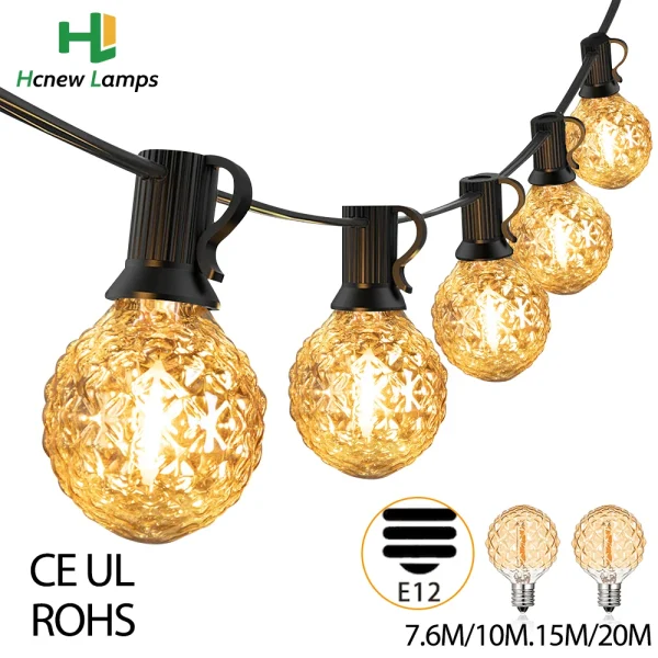 Retro LED Street Garland Waterproof G40 1W String Lights Ice Diamond E12 Amber Glass Outdoor Connectable Garden Decoration Bulbs