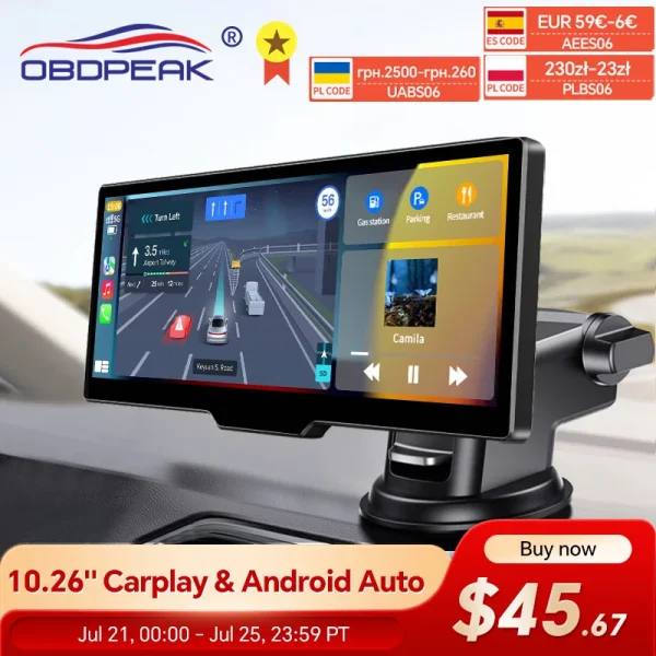 OBDPEAK T20 10.26" Dash Cam Rearview Camera Carplay & Android Auto Smart Player GPS Navigation Car DVR FM Mirror Monitor