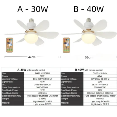 E27 40W 52Cm Ceiling Fan With Led Light Remote Control White For Kitchen Bedroom Dining Room Patio