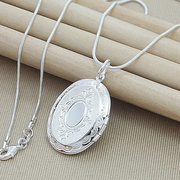 Silver Chain Necklace 925 Silver jewelry Round Photo Locket Pendant Necklace Charms Necklaces Snake Chain N313