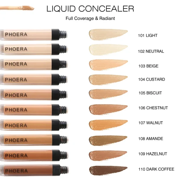 PHOERA 10Colors Liquid Concealer Foundation Cream Smooth Face Moisturizing Silky Long Lasting Scars Acne Cover Cosmetic Makeup