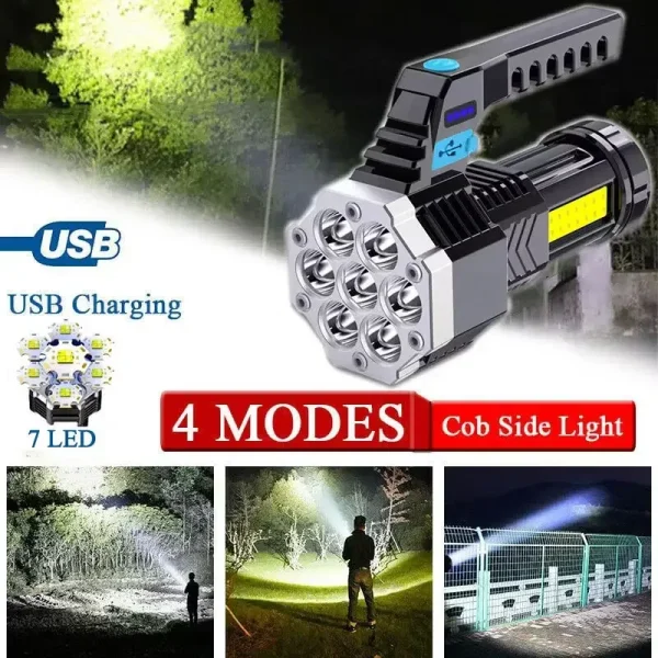 LED Flashlight USB Rechargeable, High Lumens Tactical Light with Sidelight, 7X LED, Handheld for Camping Emergency Lantern