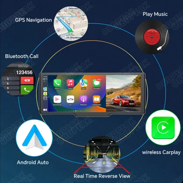 OBDPEAK T20 10.26" Dash Cam Rearview Camera Carplay & Android Auto Smart Player GPS Navigation Car DVR FM Mirror Monitor
