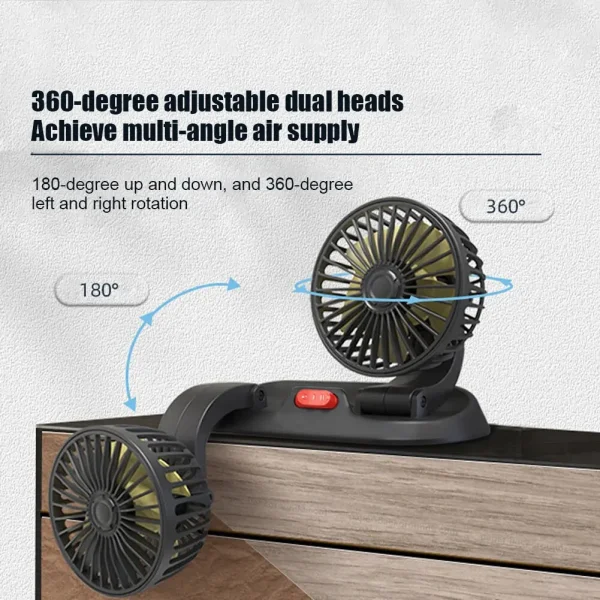Car Cooling Fan 360° Adjustable Dual Head Cooling Air Fan Brushless Motor Low Noise Automobile Vehicle Fan Micro USB for Car Use
