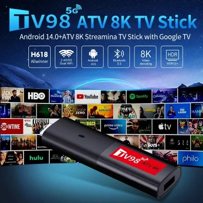 TV98 ATV Mini TV Stick Android 14 TV Stick HDR Set Top Box 8K Video WiFi 2.4/5G Streaming Smart TV Box for Network Media Player
