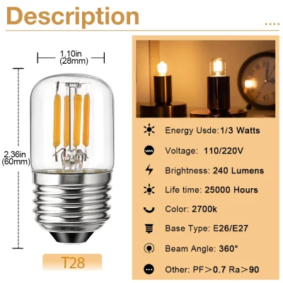 T28 LED Tubular Light Bulb E26 E27 Clear Glass 1W 3W 2700K Vintage Dimmable Filament Bulbs Chandelier Indoor Living Room Bulbs