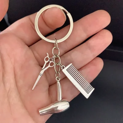 2025 golden Hair stylist essential hair dryer scissors comb Decorative Keychains Hairdressers Gift Key Rings Hair Dryer Keyring