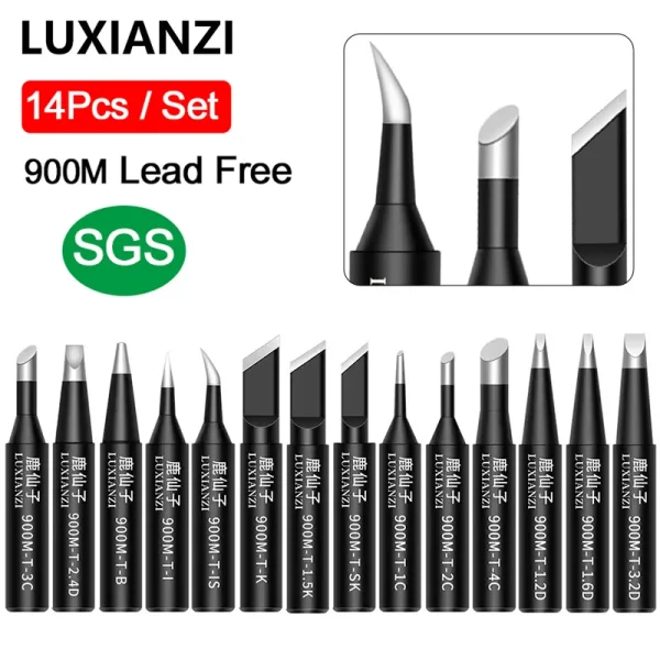 LUXIANZI 14pcs Lead-free Soldering Tip Set For 936 Rework Station Copper Welding Head 900M Electric Soldering Iron Tips