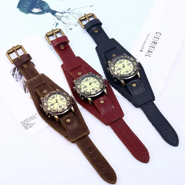 Vintage Faux Leather Quartz Wristwatch Punk Round Dial Wrist Watch Bracelet For Men Leather Wide Band Business Watch Wristwatch