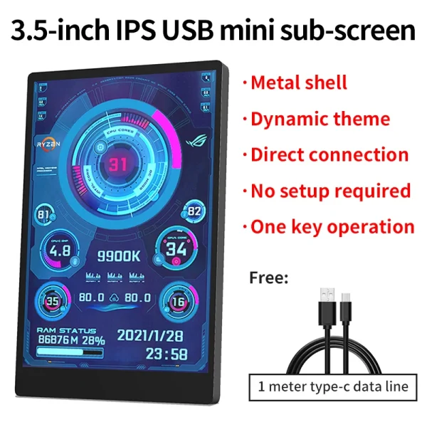 3.5 Inch IPS TYPE-C Secondary Screen DIY Computer Monitor USB-TYPEC Secondary Screen for Windows Built-in Software
