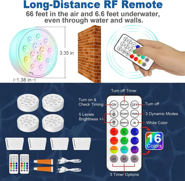 New USB Rechargeable Pool Light Waterproof LED RGB RF Remote Control Diving Light Swimming Pool Underwater Decorative Lamp