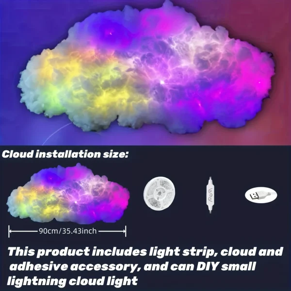 35.43 Inch Smart Cloud Lamp Compact Thundercloud Light Rhythm-Based Music Night Lamp Suitable for Indoor Use Bedroom Or Gaming