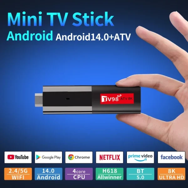 TV98 ATV Mini TV Stick Android 14 TV Stick HDR Set Top Box 8K Video WiFi 2.4/5G Streaming Smart TV Box for Network Media Player