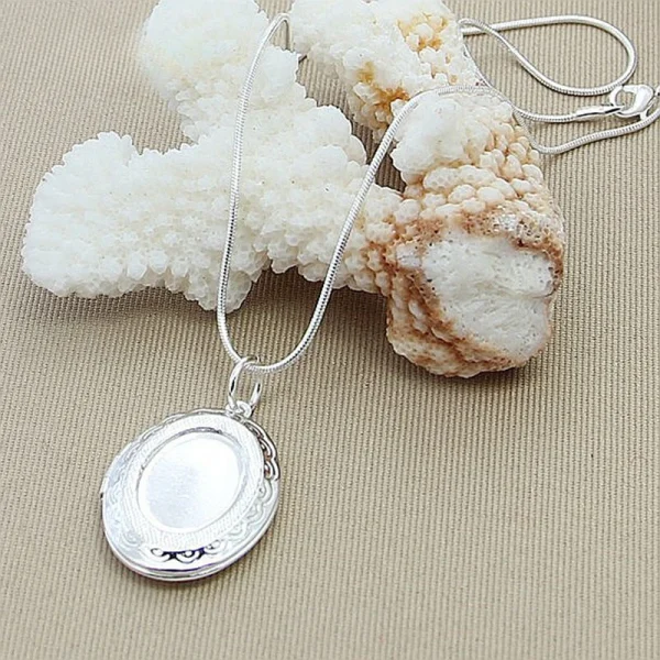 Silver Chain Necklace 925 Silver jewelry Round Photo Locket Pendant Necklace Charms Necklaces Snake Chain N313