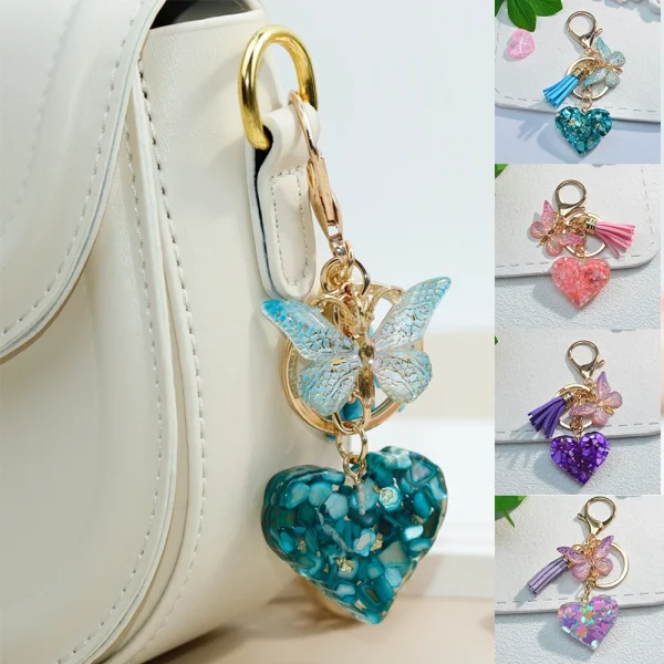 Exquisite Heart Charms Keychains With Butterfly Tassel Shiny Sequin Filled Resin Keyrings Women Bag Ornaments Car Trinket Gifts