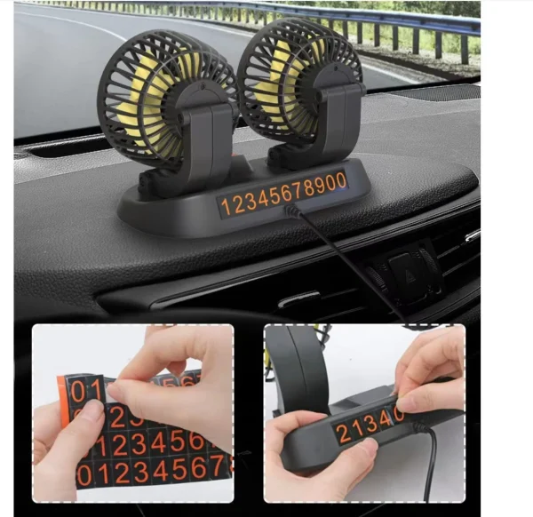 Car Cooling Fan 360° Adjustable Dual Head Cooling Air Fan Brushless Motor Low Noise Automobile Vehicle Fan Micro USB for Car Use