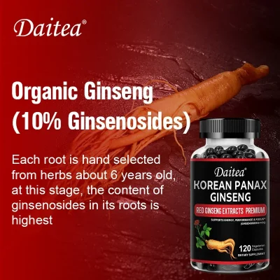 Daitea Organic Korean Red Ginseng Supplement – Energy, Muscle Mass, Endurance 30/60/120 Vegetarian Capsules