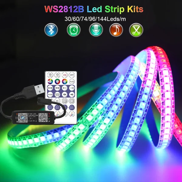 WS2812B LED Strip Bluetooth Music USB Controller Kit Individually Addressable Smart RGB LED Tape 30/60/74/96/144Leds/m DC5V