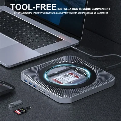 MAC MINI M1 Dock Station Stand With External Storage Disk and 4Ports USB C HUB SD/TF Card Reader 2.5inch SATA SSD HDD Enclosure