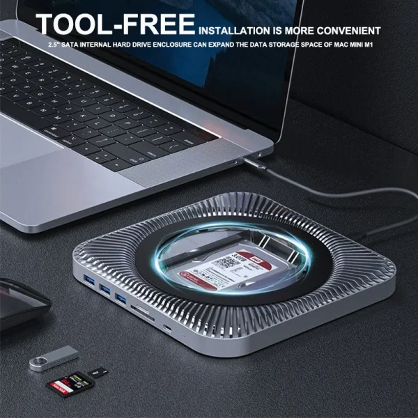 MAC MINI M1 Dock Station Stand With External Storage Disk and 4Ports USB C HUB SD/TF Card Reader 2.5inch SATA SSD HDD Enclosure