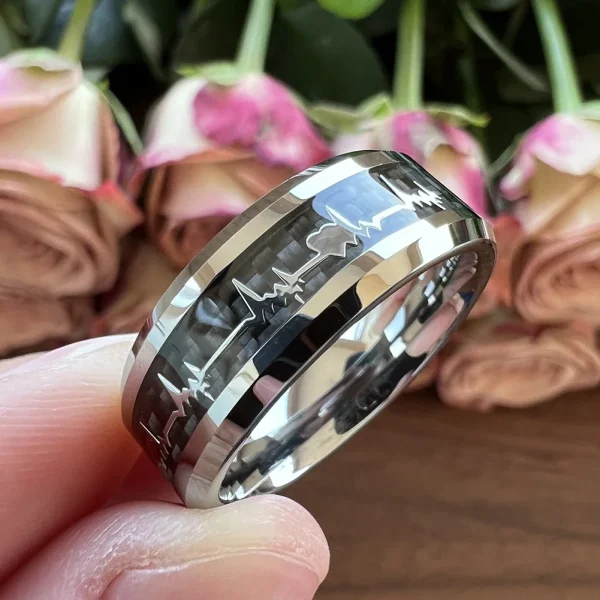 Fashion 8mm Black Carbon Fiber Heart Inlay Tungsten Carbide Engagement Rings Wedding Bands Domed Polished Shiny Comfort Fit