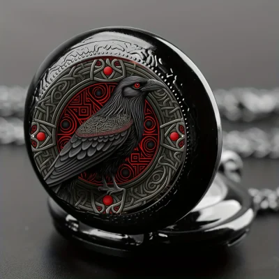 Vintage-Style Clever Crow Exquisite Pocket Watch – Quartz Movement, Round Dial, Unique Black Necklace Souvenir Gift For Children