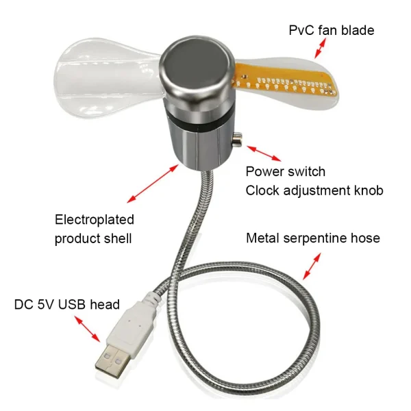Metal Mini Fan DC 5V Mini Cooling Flashing Fan USB Powered Flexible Gooseneck LED Clock Real Time Display for Laptop PC Notebook